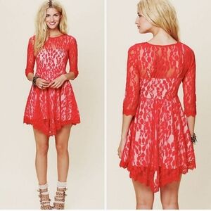 Free People Floral Mesh Lace Dress in Hot Red